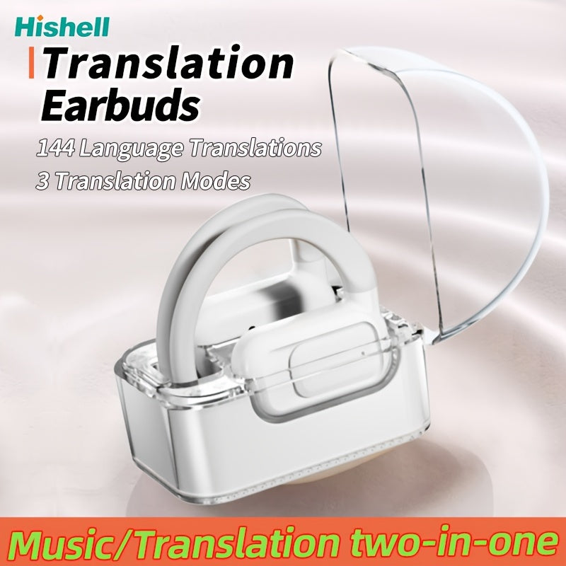 Crystal-Clear Calls, Hishell Real-Time Language Translator Earbuds - 2-Way, Supports 144 Languages, Portable & Rechargeable with App for iOS/Android, Ideal for Travel & Business