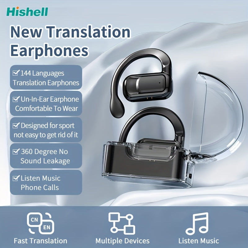 Crystal-Clear Calls, Hishell Real-Time Language Translator Earbuds - 2-Way, Supports 144 Languages, Portable & Rechargeable with App for iOS/Android, Ideal for Travel & Business