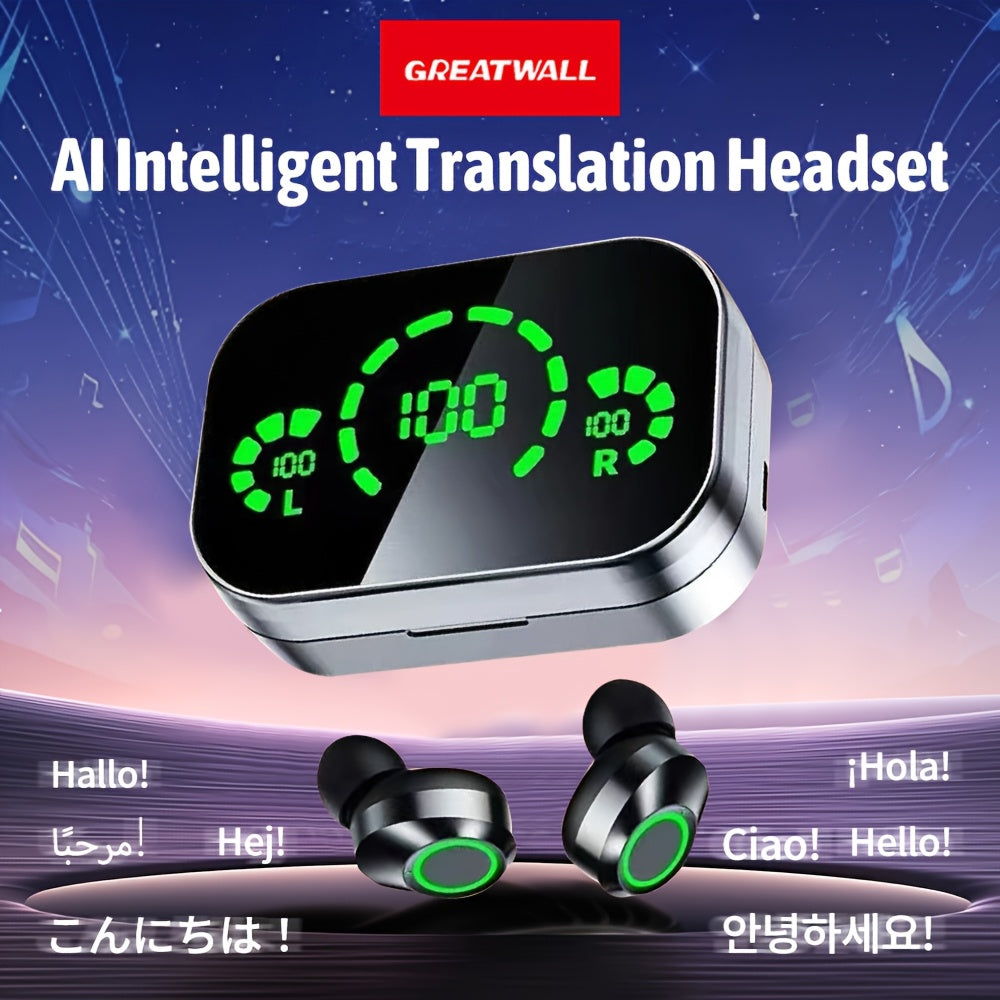 GREATWALL 2025 AI Translator Earbuds New Three-screen Intelligent Digital Display Power Wireless Earphones, High-end Fashionable Mirror Earphones, Sports Game Music Earphones