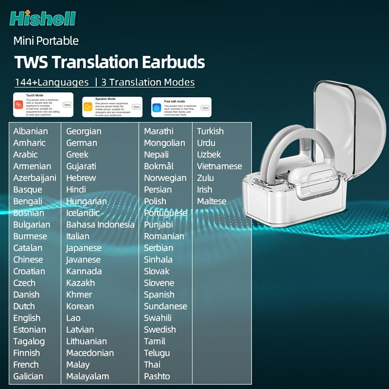 Crystal-Clear Calls, Hishell Real-Time Language Translator Earbuds - 2-Way, Supports 144 Languages, Portable & Rechargeable with App for iOS/Android, Ideal for Travel & Business