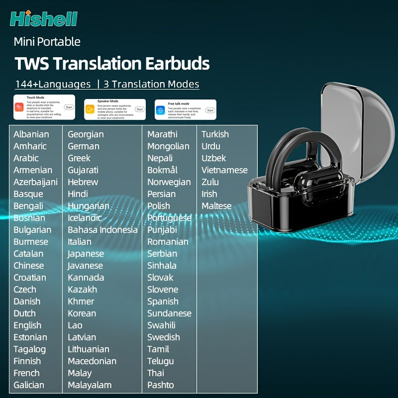Crystal-Clear Calls, Hishell Real-Time Language Translator Earbuds - 2-Way, Supports 144 Languages, Portable & Rechargeable with App for iOS/Android, Ideal for Travel & Business