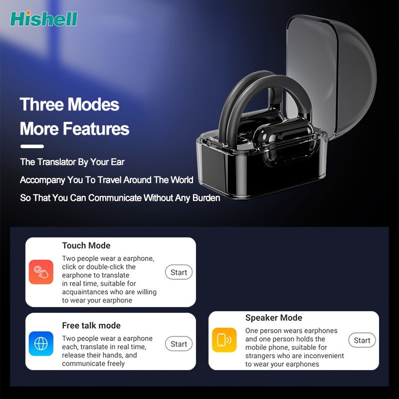 Crystal-Clear Calls, Hishell Real-Time Language Translator Earbuds - 2-Way, Supports 144 Languages, Portable & Rechargeable with App for iOS/Android, Ideal for Travel & Business